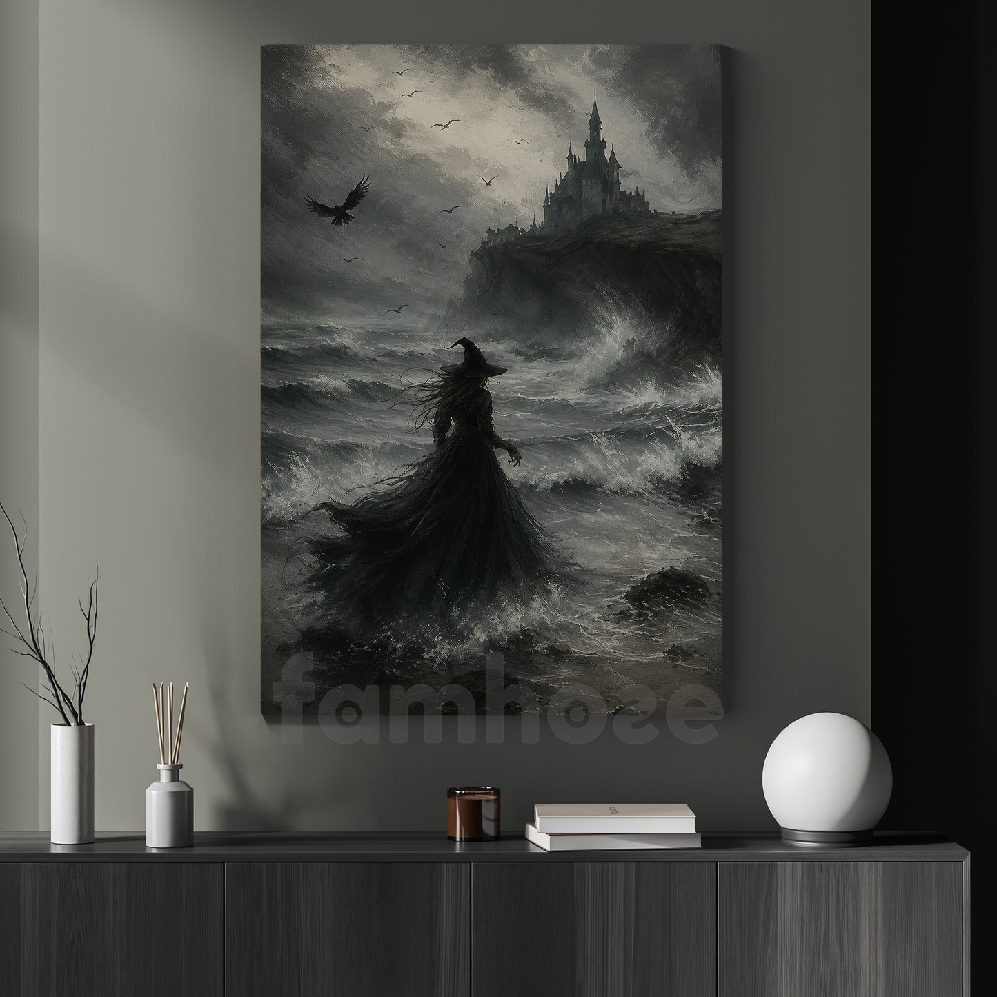 Halloween Witch Canvas Painting, Dark Castle Witch Wall Art Decor, Spooky Season Poster Gift For Witch Lover