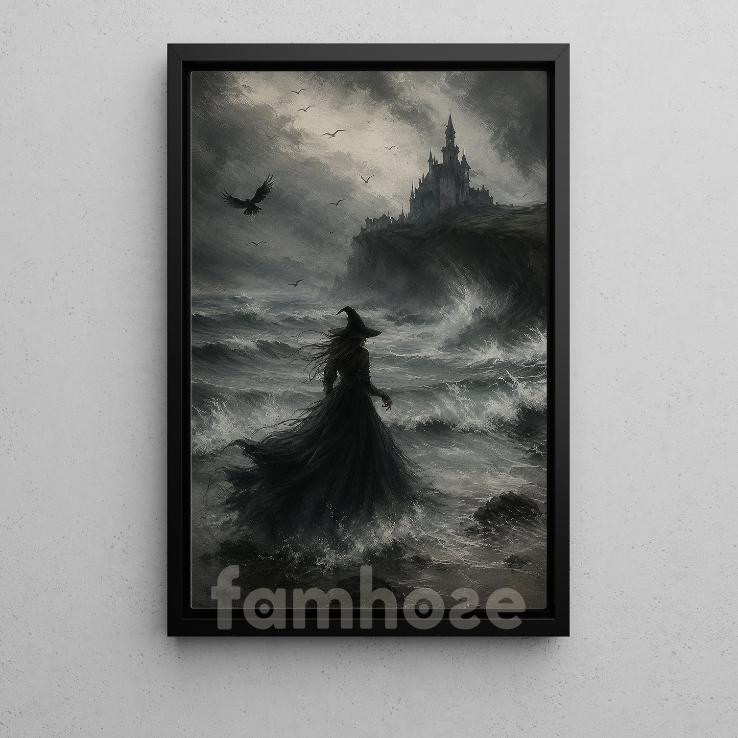 Halloween Witch Canvas Painting, Dark Castle Witch Wall Art Decor, Spooky Season Poster Gift For Witch Lover