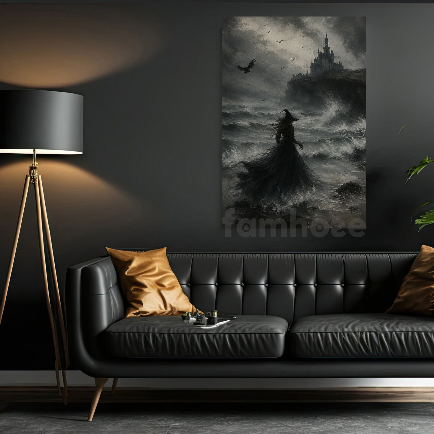 Halloween Witch Canvas Painting, Dark Castle Witch Wall Art Decor, Spooky Season Poster Gift For Witch Lover