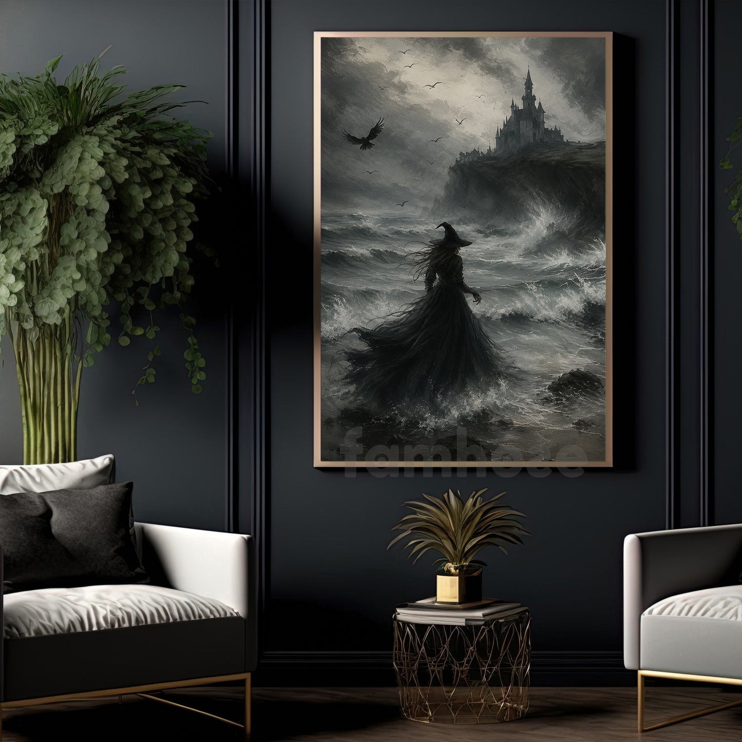 Halloween Witch Canvas Painting, Dark Castle Witch Wall Art Decor, Spooky Season Poster Gift For Witch Lover