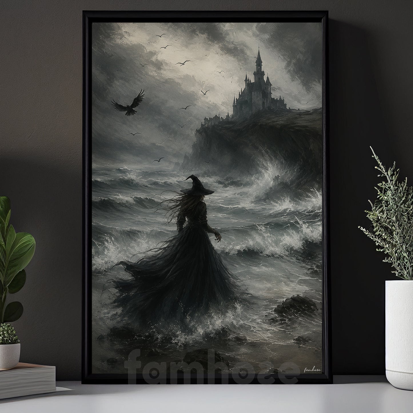 Halloween Witch Canvas Painting, Dark Castle Witch Wall Art Decor, Spooky Season Poster Gift For Witch Lover
