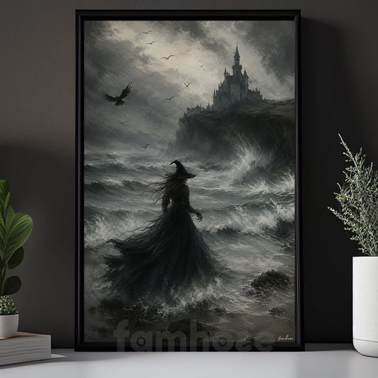 Halloween Witch Canvas Painting, Dark Castle Witch Wall Art Decor, Spooky Season Poster Gift For Witch Lover