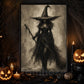 Halloween Gothic Witch Canvas Painting, Dark Witch With Broom Wall Art Decor, Spooky Season Poster Gift For Witch Lover