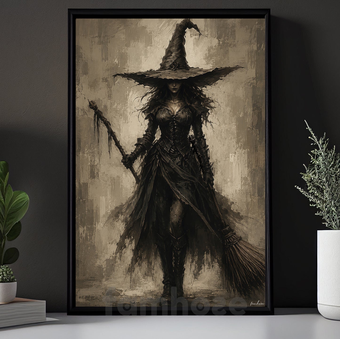 Halloween Gothic Witch Canvas Painting, Dark Witch With Broom Wall Art Decor, Spooky Season Poster Gift For Witch Lover