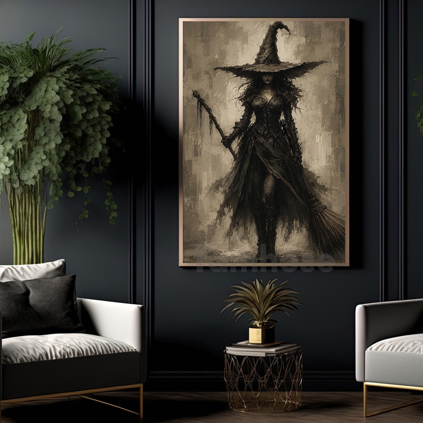 Halloween Gothic Witch Canvas Painting, Dark Witch With Broom Wall Art Decor, Spooky Season Poster Gift For Witch Lover