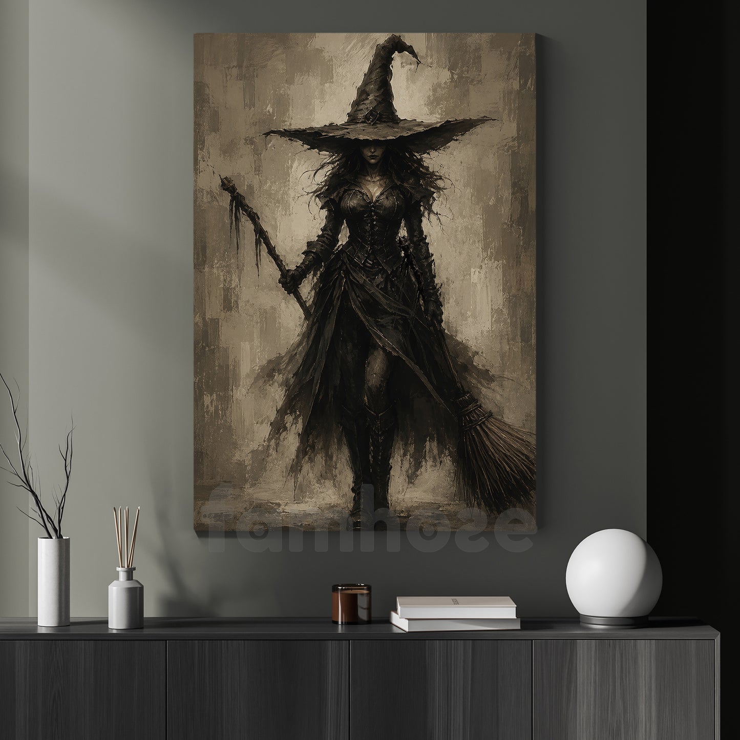 Halloween Gothic Witch Canvas Painting, Dark Witch With Broom Wall Art Decor, Spooky Season Poster Gift For Witch Lover