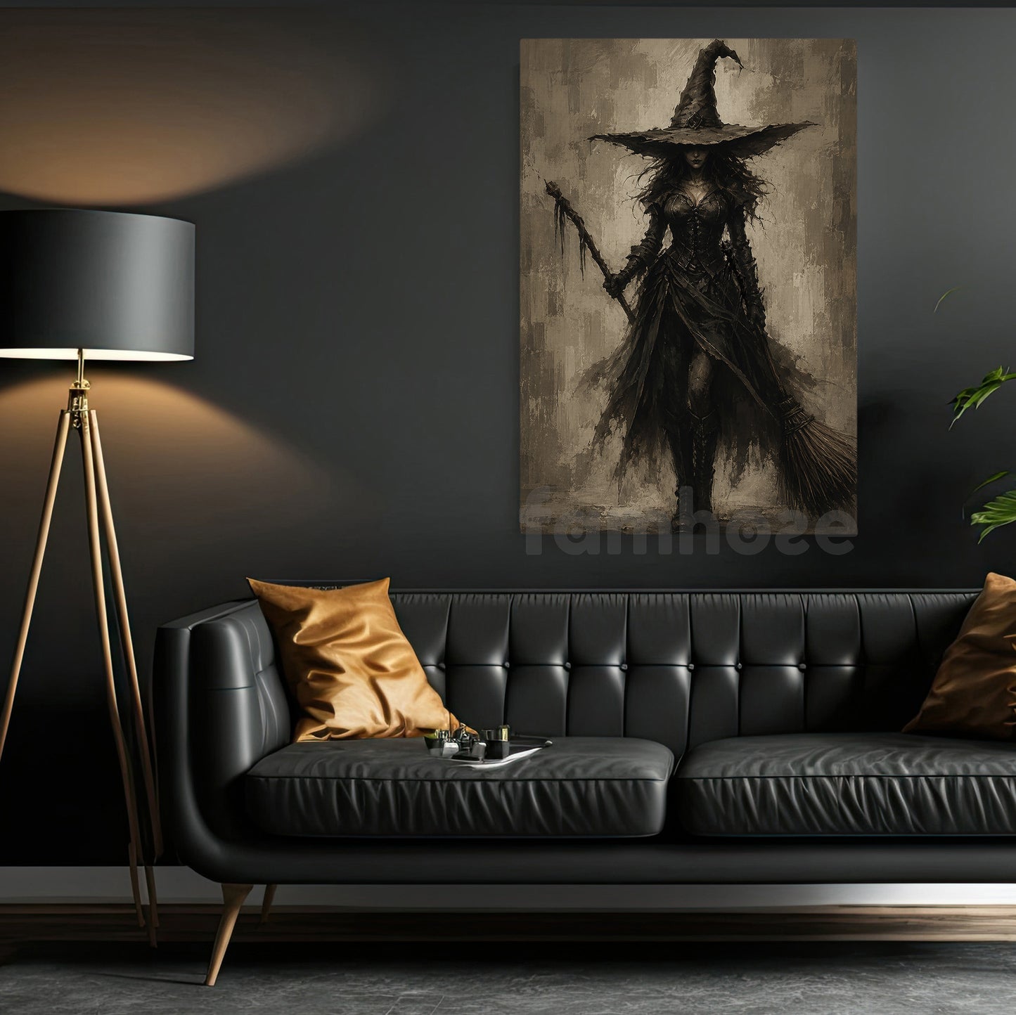 Halloween Gothic Witch Canvas Painting, Dark Witch With Broom Wall Art Decor, Spooky Season Poster Gift For Witch Lover