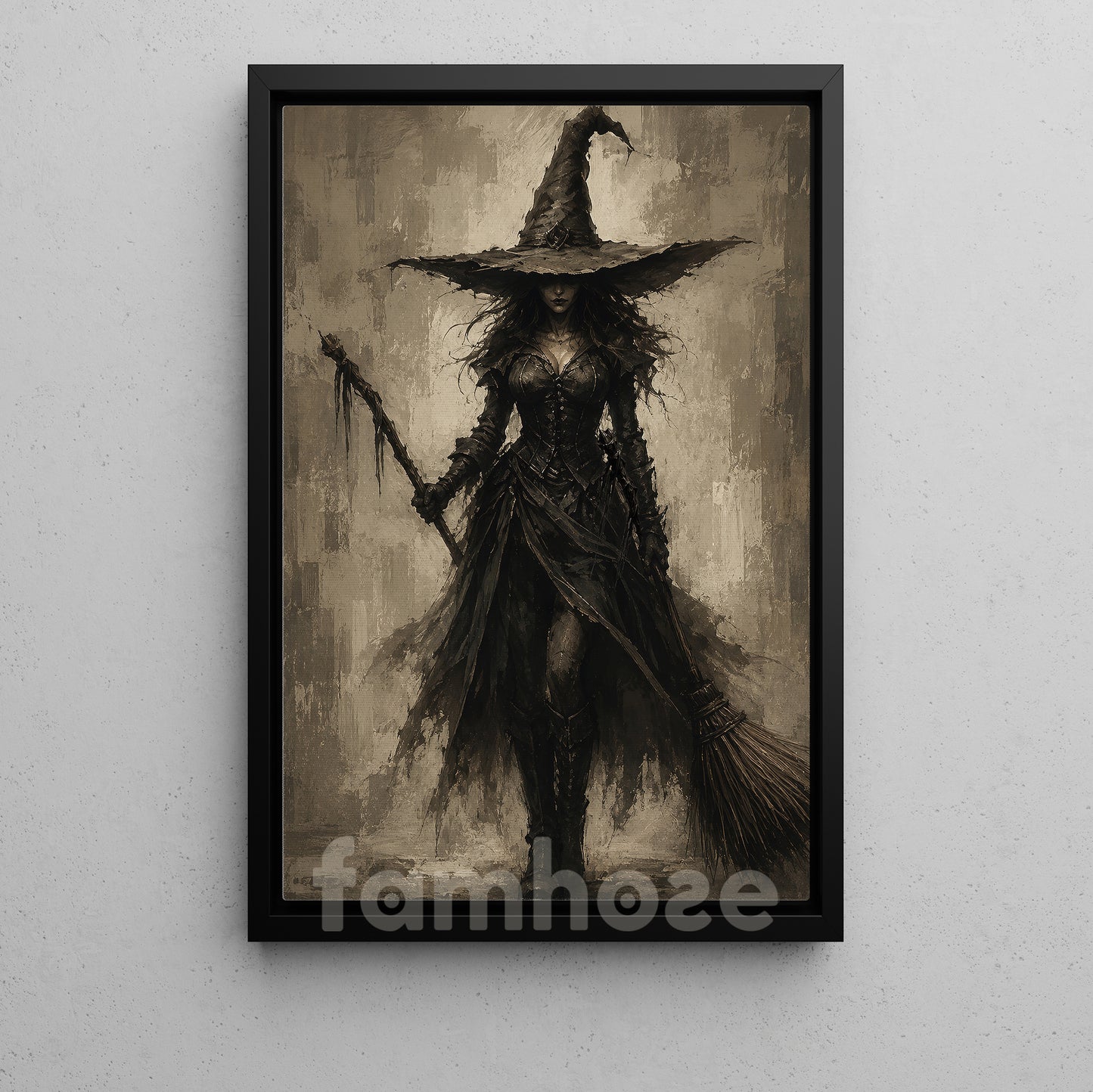 Halloween Gothic Witch Canvas Painting, Dark Witch With Broom Wall Art Decor, Spooky Season Poster Gift For Witch Lover