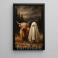 Halloween Highland Cow And Ghost Canvas Painting, The Moo And The Boo Wall Art Decor, Spooky Season Poster Gift For Cow Lover