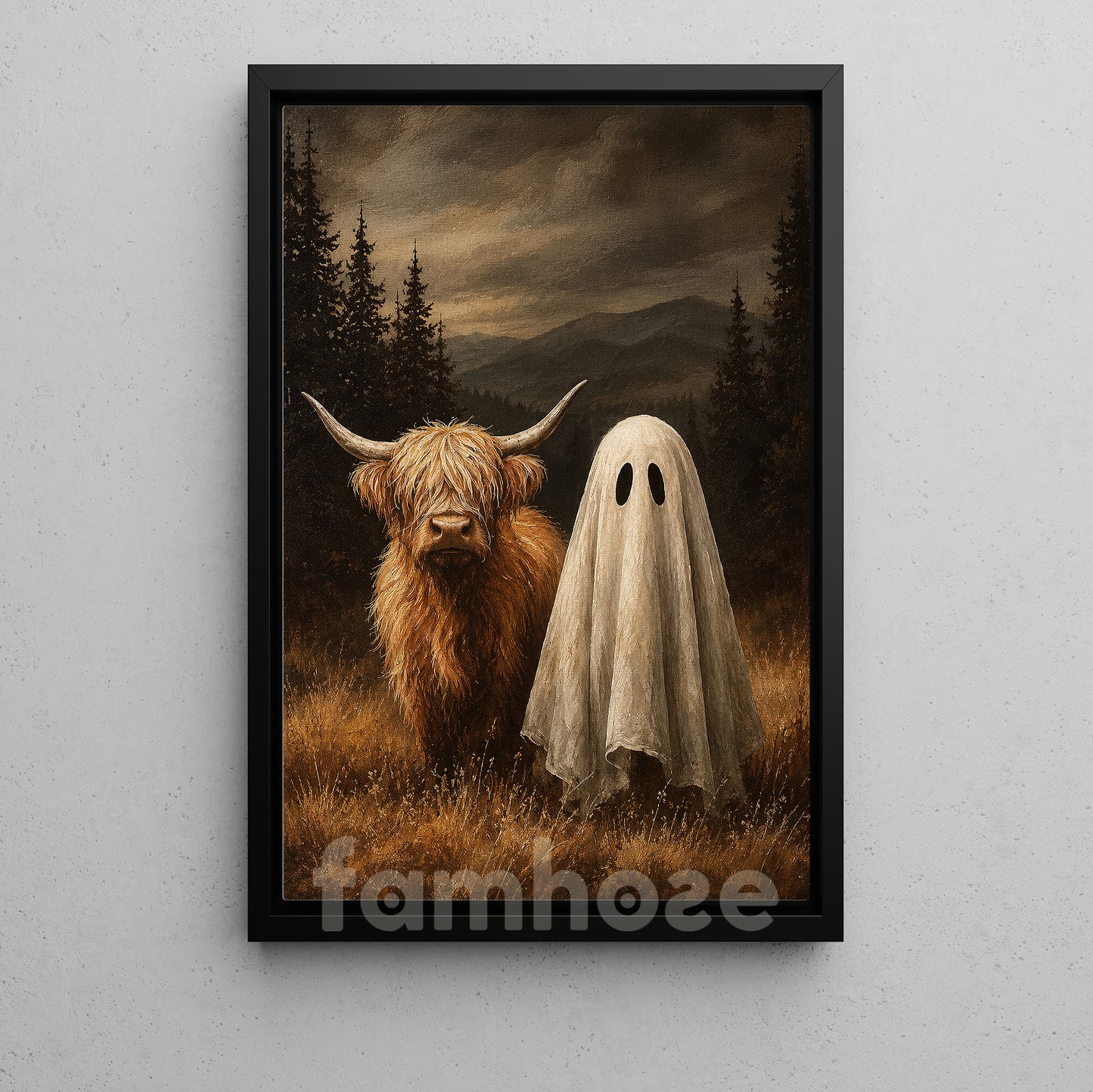 Halloween Highland Cow And Ghost Canvas Painting, The Moo And The Boo Wall Art Decor, Spooky Season Poster Gift For Cow Lover