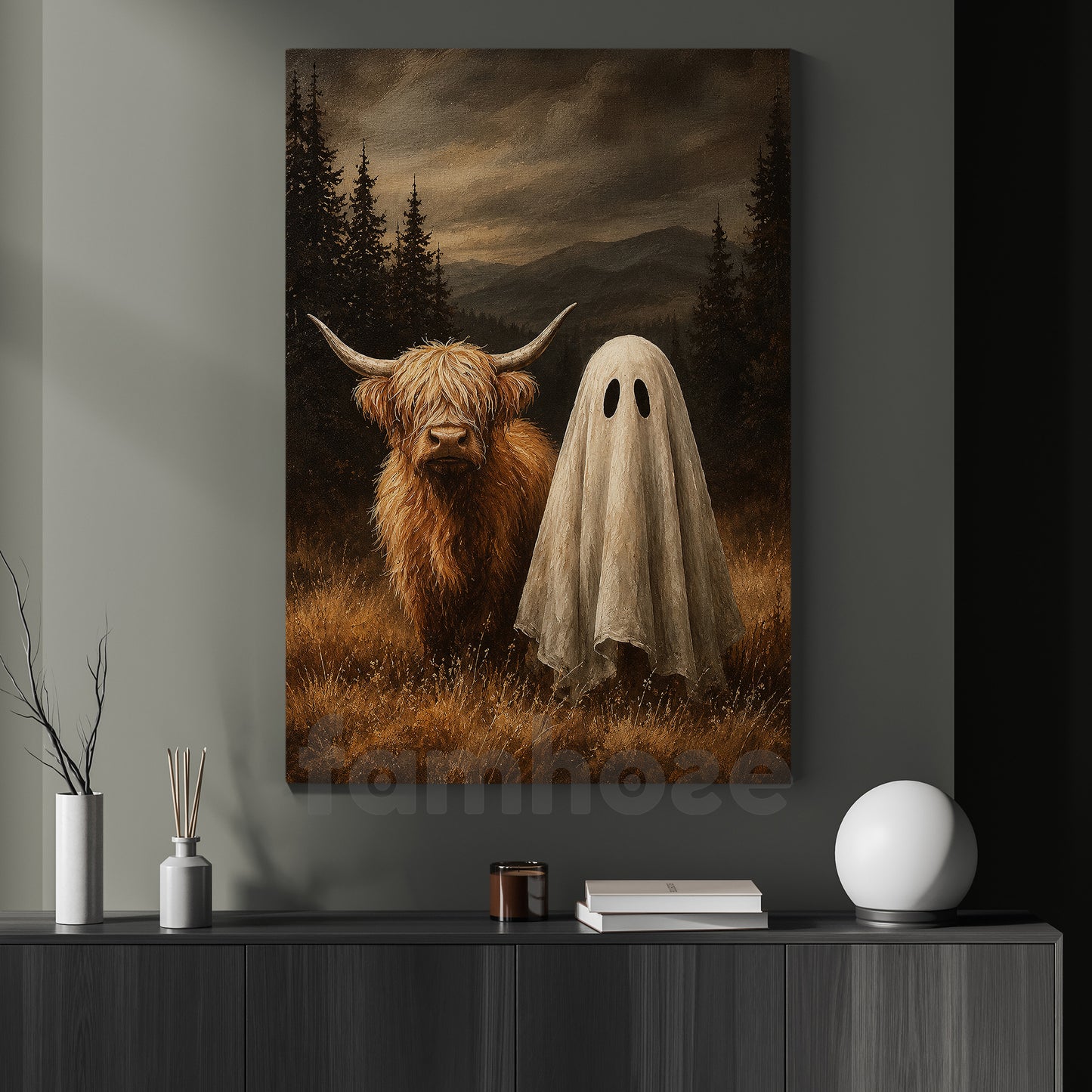 Halloween Highland Cow And Ghost Canvas Painting, The Moo And The Boo Wall Art Decor, Spooky Season Poster Gift For Cow Lover