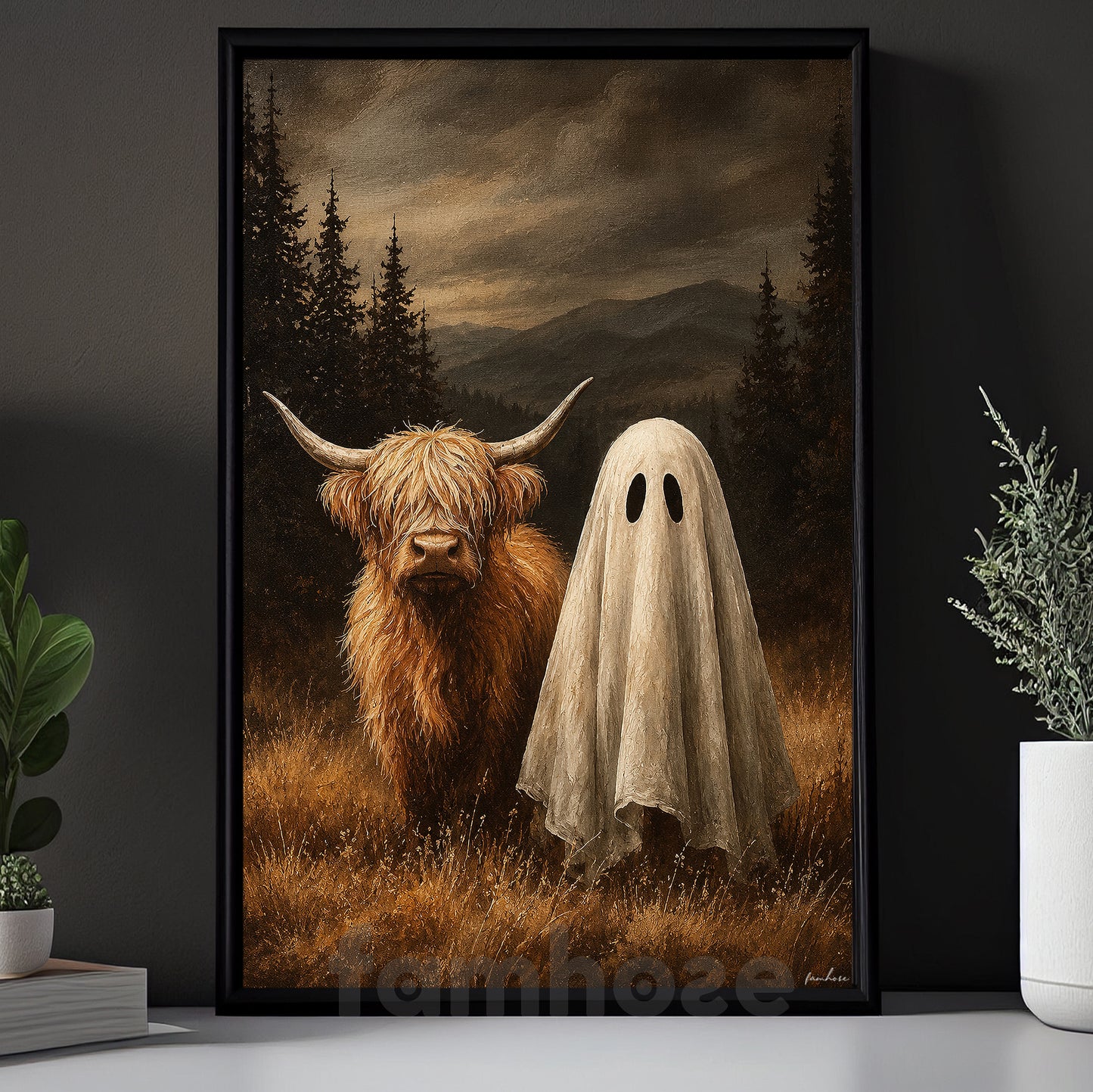 Halloween Highland Cow And Ghost Canvas Painting, The Moo And The Boo Wall Art Decor, Spooky Season Poster Gift For Cow Lover