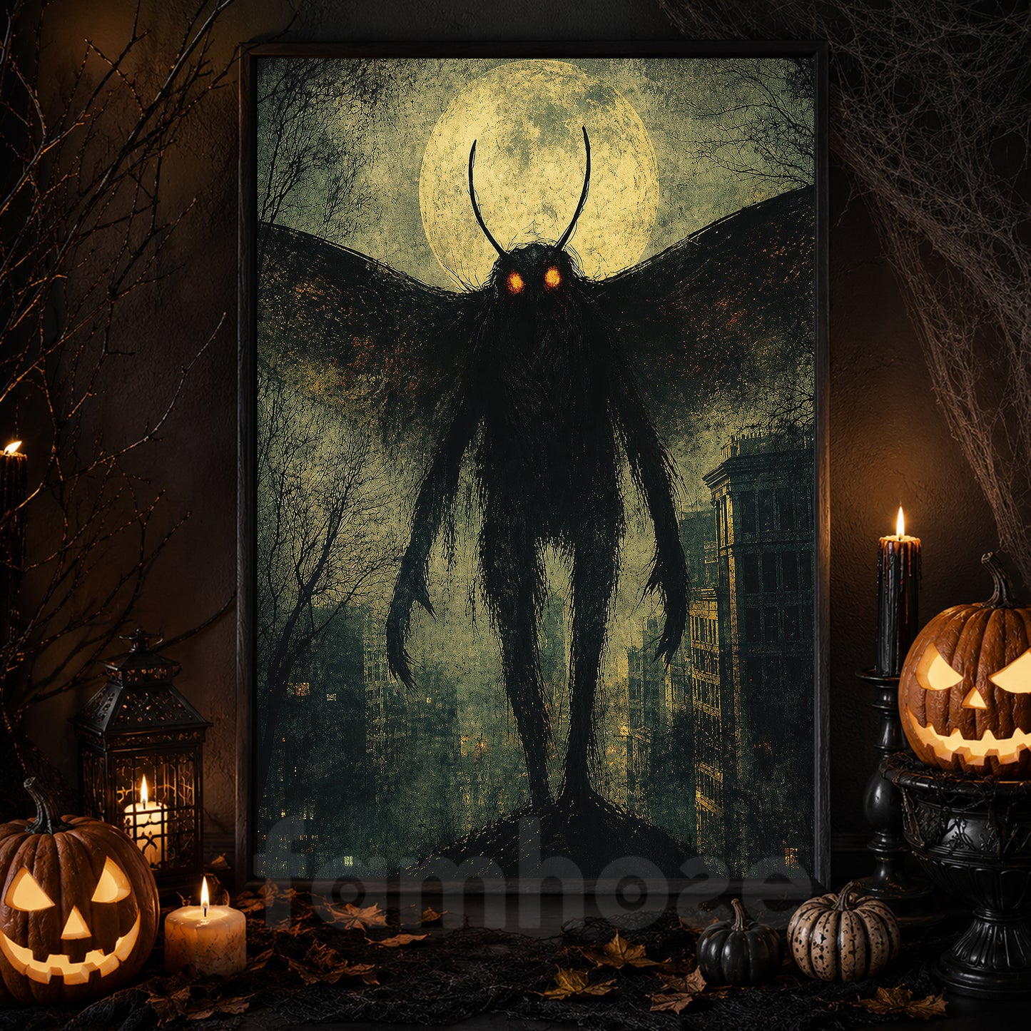 Halloween Mothman Canvas Painting, Red Eyes Cryptid Wall Art Decor, Spooky Season Poster Gift For Mothman Lover