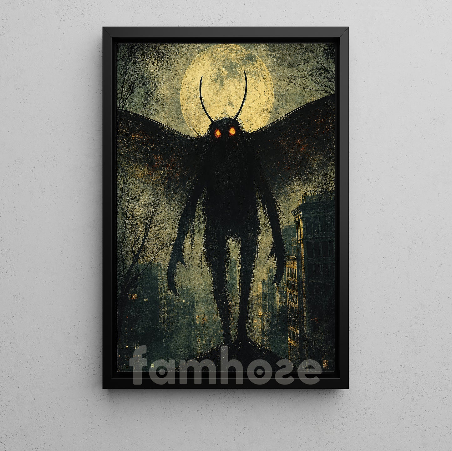 Halloween Mothman Canvas Painting, Red Eyes Cryptid Wall Art Decor, Spooky Season Poster Gift For Mothman Lover