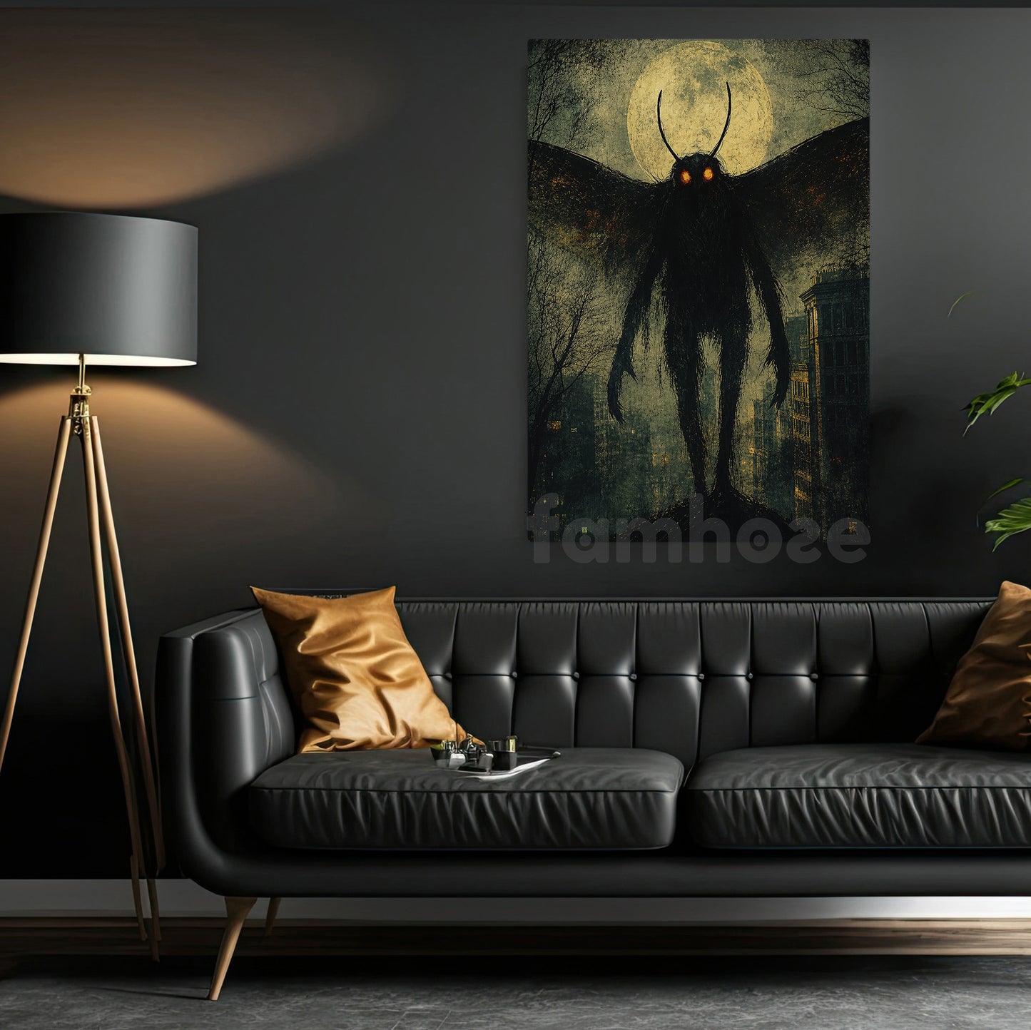 Halloween Mothman Canvas Painting, Red Eyes Cryptid Wall Art Decor, Spooky Season Poster Gift For Mothman Lover