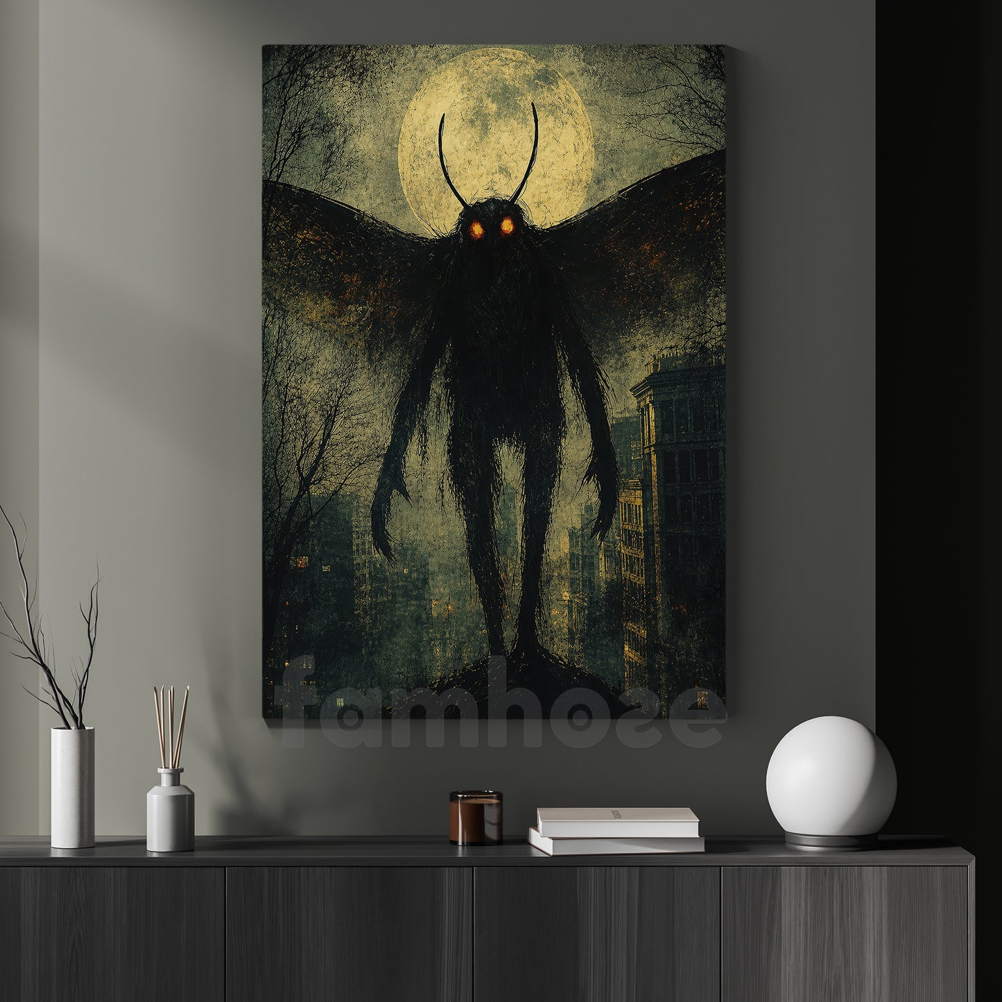 Halloween Mothman Canvas Painting, Red Eyes Cryptid Wall Art Decor, Spooky Season Poster Gift For Mothman Lover