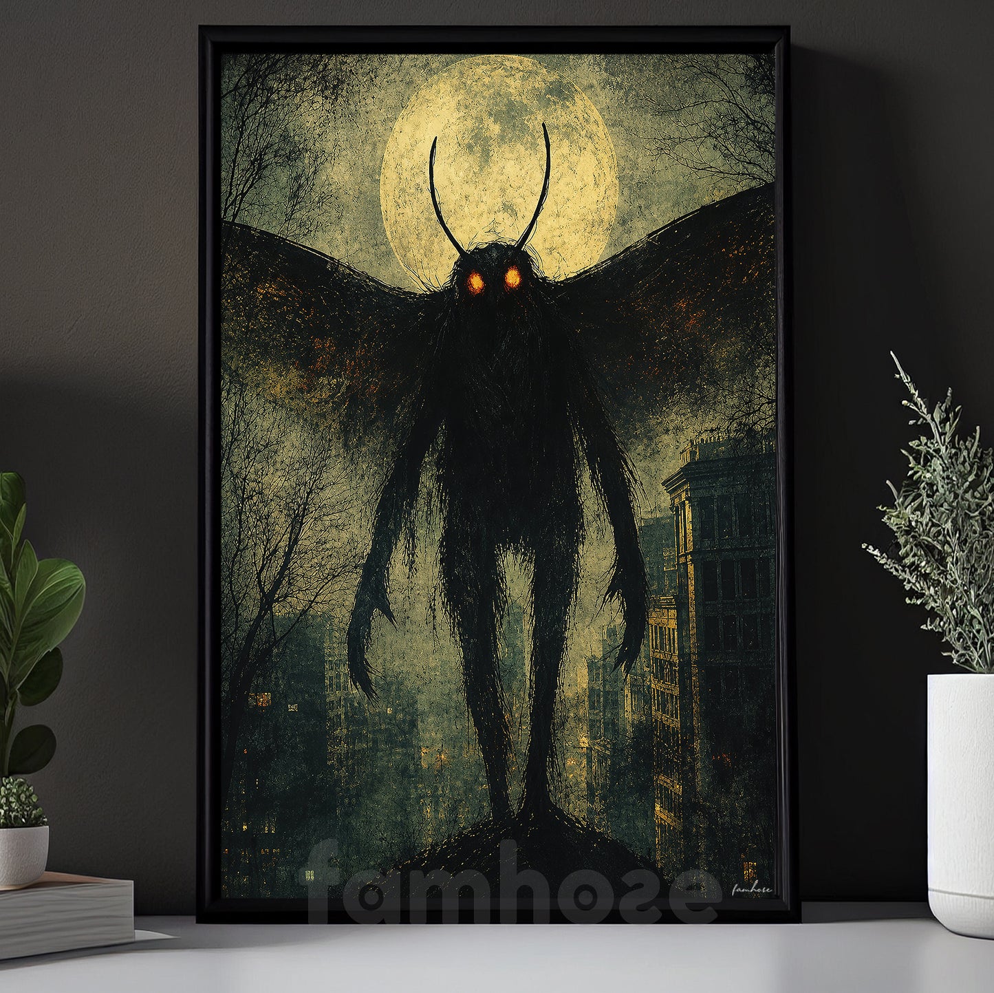 Halloween Mothman Canvas Painting, Red Eyes Cryptid Wall Art Decor, Spooky Season Poster Gift For Mothman Lover