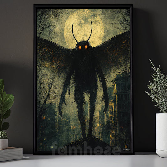 Halloween Mothman Canvas Painting, Red Eyes Cryptid Wall Art Decor, Spooky Season Poster Gift For Mothman Lover
