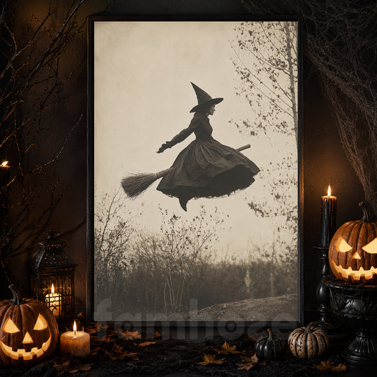 Vintage Halloween Broomstick Witch Canvas Painting, Flying Witch Wall Art Decor, Spooky Season Poster Gift For Witch Lover