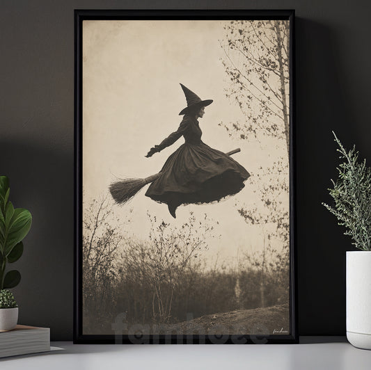 Vintage Halloween Broomstick Witch Canvas Painting, Flying Witch Wall Art Decor, Spooky Season Poster Gift For Witch Lover