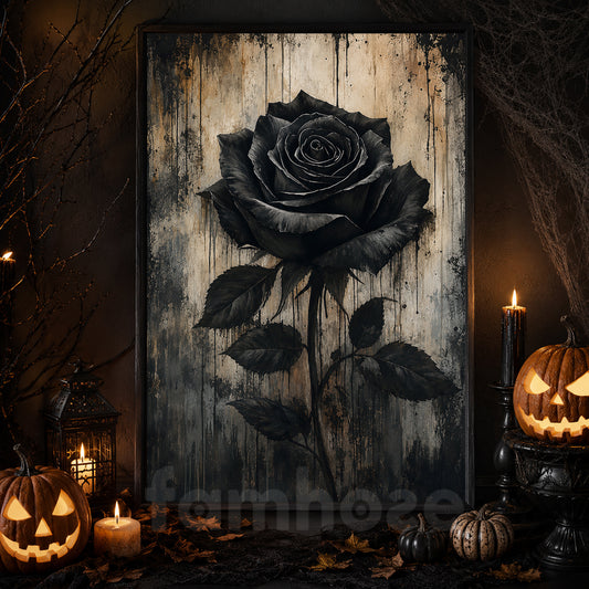 Halloween Gothic Floral Canvas Painting, Black Rose Wall Art Decor, Spooky Season Poster Gift