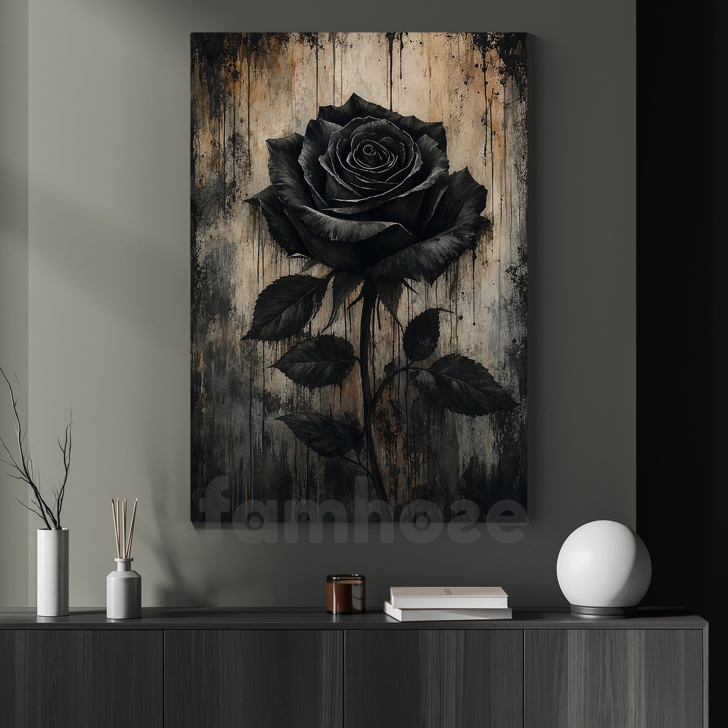Halloween Gothic Floral Canvas Painting, Black Rose Wall Art Decor, Spooky Season Poster Gift