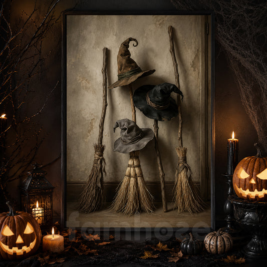 Halloween Witch Canvas Painting, Witch Hat And Broom Wall Art Decor, Spooky Season Poster Gift For Witch Lover