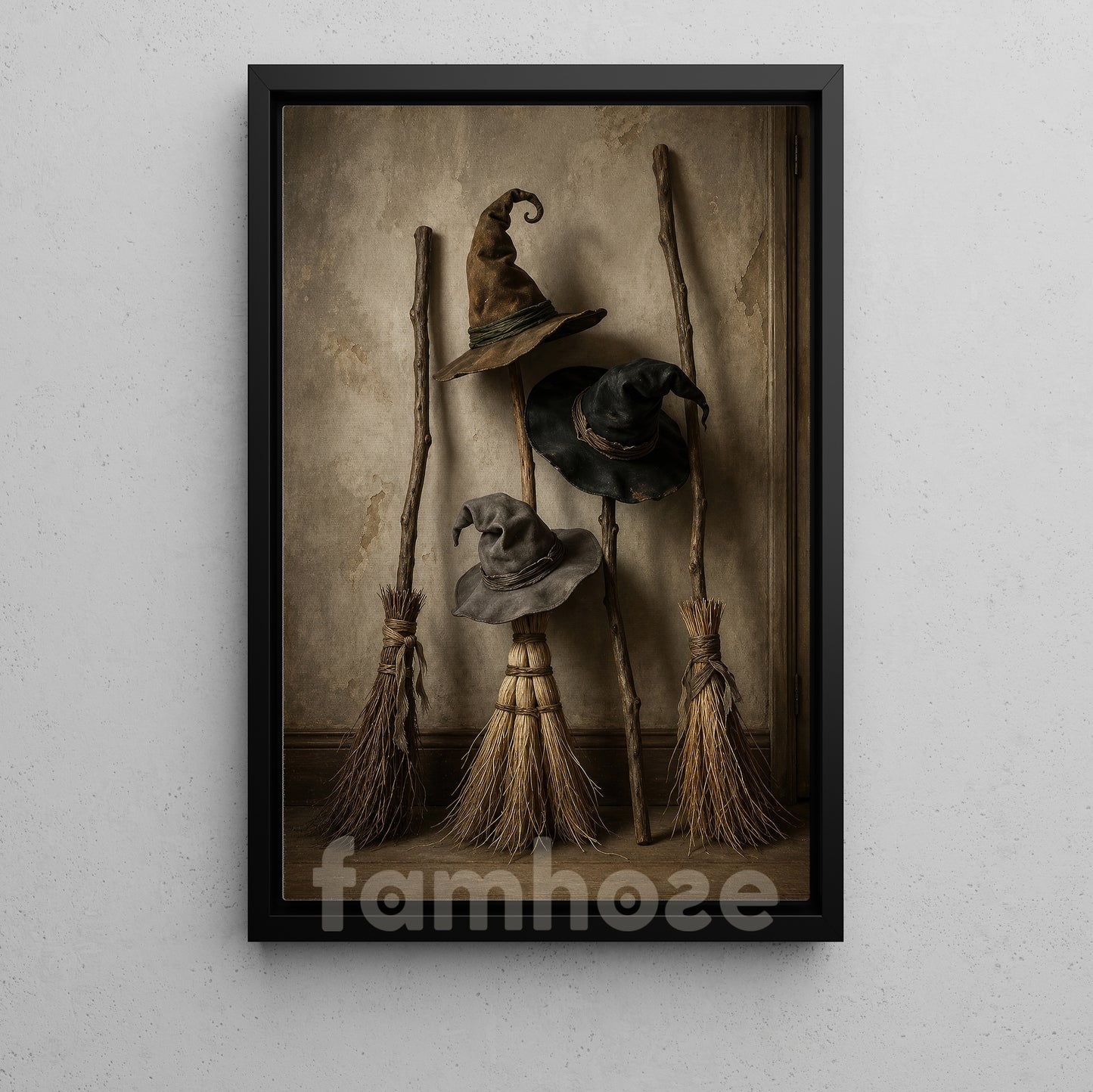 Halloween Witch Canvas Painting, Witch Hat And Broom Wall Art Decor, Spooky Season Poster Gift For Witch Lover