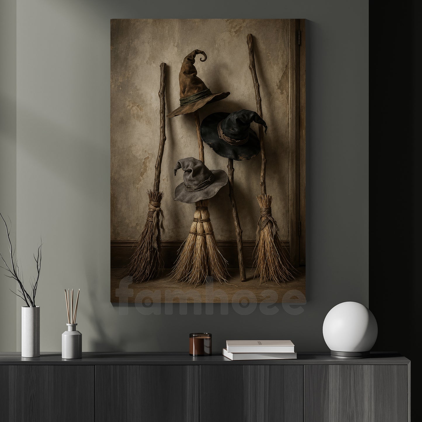 Halloween Witch Canvas Painting, Witch Hat And Broom Wall Art Decor, Spooky Season Poster Gift For Witch Lover