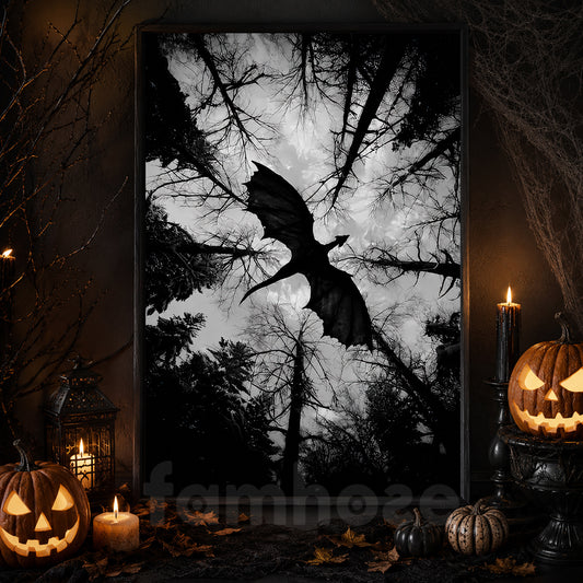 Halloween Flying Dragon Canvas Painting, Dark Forest Dragon Wall Art Decor, Spooky Season Poster Gift For Dragon Lover