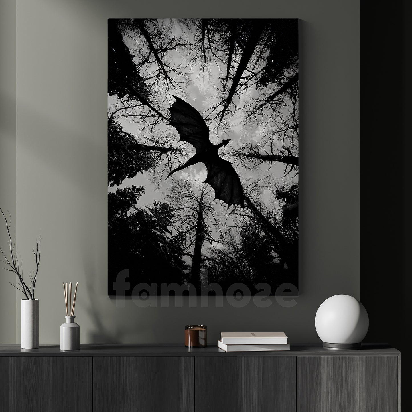 Halloween Flying Dragon Canvas Painting, Dark Forest Dragon Wall Art Decor, Spooky Season Poster Gift For Dragon Lover