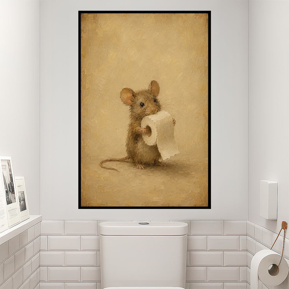 Cute Mouse Toilet Canvas Painting, Tiny Mouse On Toilet Paper Duty Bathroom Wall Art Decor, Restroom Poster Gift For Mouse Lover