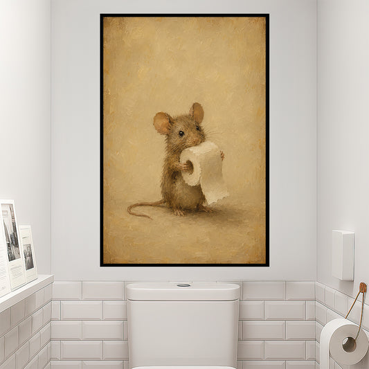 Cute Mouse Toilet Canvas Painting, Tiny Mouse On Toilet Paper Duty Bathroom Wall Art Decor, Restroom Poster Gift For Mouse Lover