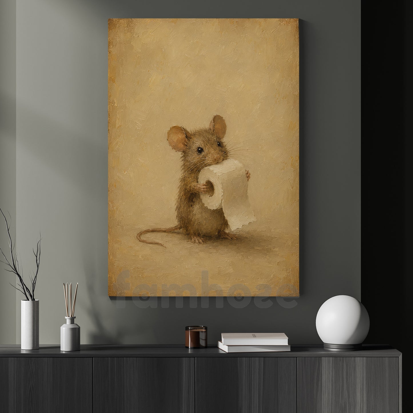 Cute Mouse Toilet Canvas Painting, Tiny Mouse On Toilet Paper Duty Bathroom Wall Art Decor, Restroom Poster Gift For Mouse Lover
