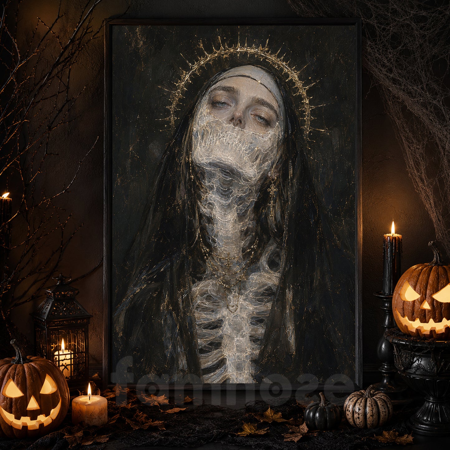 Halloween Creepy Nun Canvas Painting, Gothic Nun Skeleton Wall Art Decor, Spooky Season Poster Gift