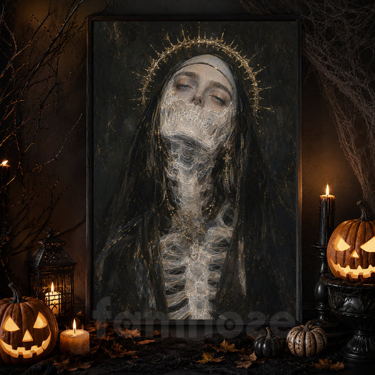 Halloween Creepy Nun Canvas Painting, Gothic Nun Skeleton Wall Art Decor, Spooky Season Poster Gift