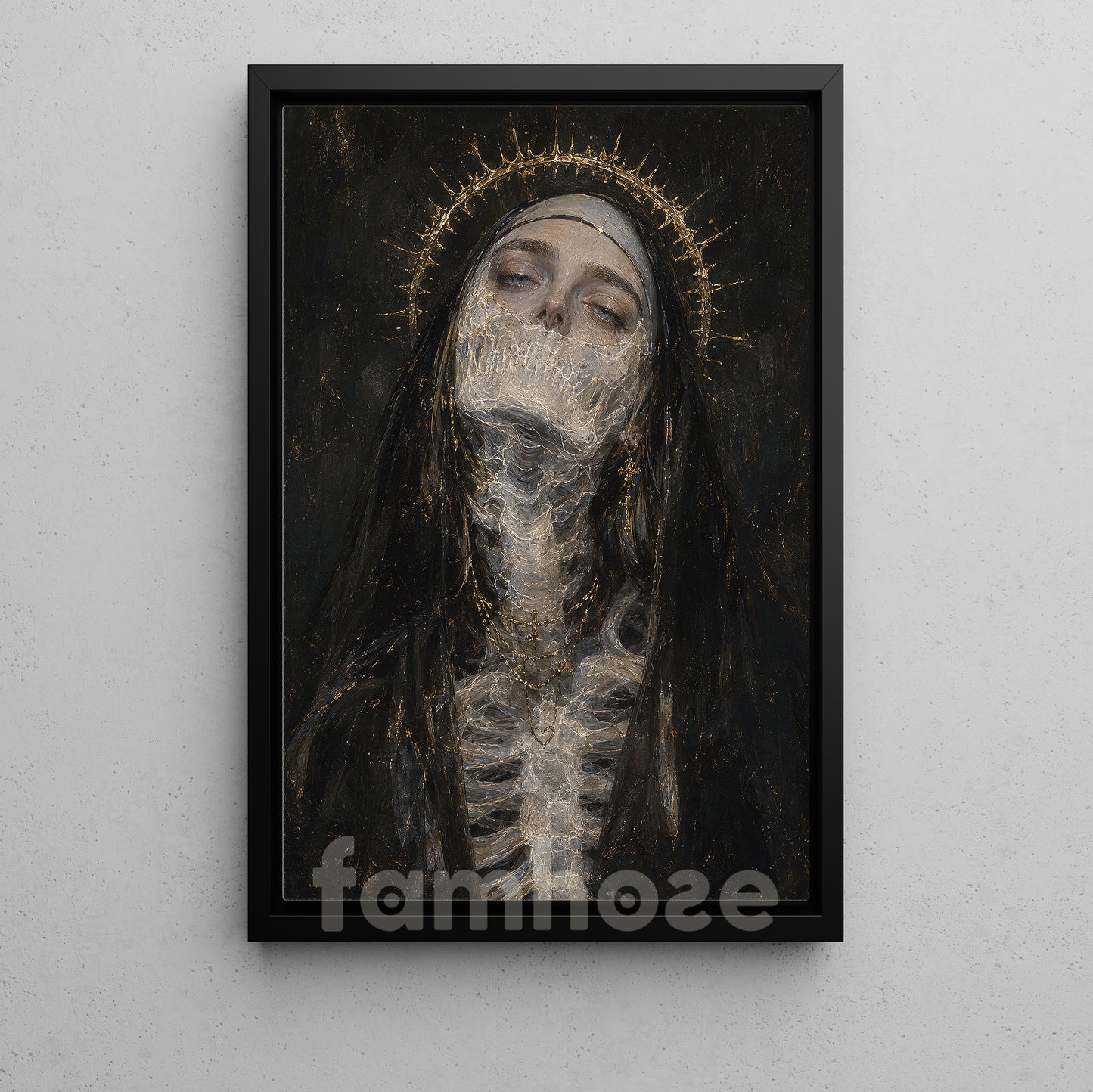 Halloween Creepy Nun Canvas Painting, Gothic Nun Skeleton Wall Art Decor, Spooky Season Poster Gift