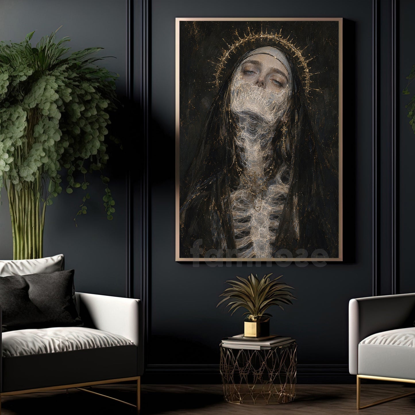 Halloween Creepy Nun Canvas Painting, Gothic Nun Skeleton Wall Art Decor, Spooky Season Poster Gift