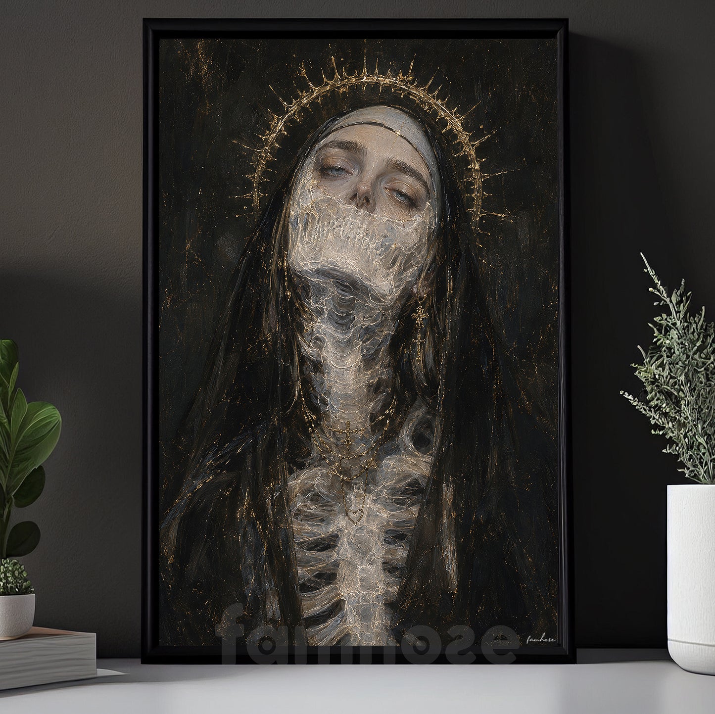 Halloween Creepy Nun Canvas Painting, Gothic Nun Skeleton Wall Art Decor, Spooky Season Poster Gift
