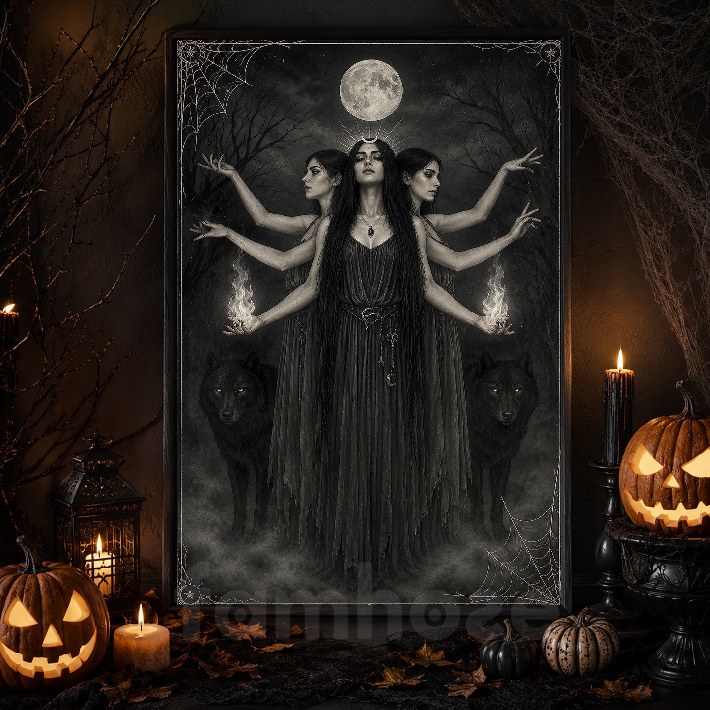 Halloween Full Moon Canvas Painting, Triple Goddess Witch And Black Wolves Wall Art Decor, Spooky Season Poster Gift
