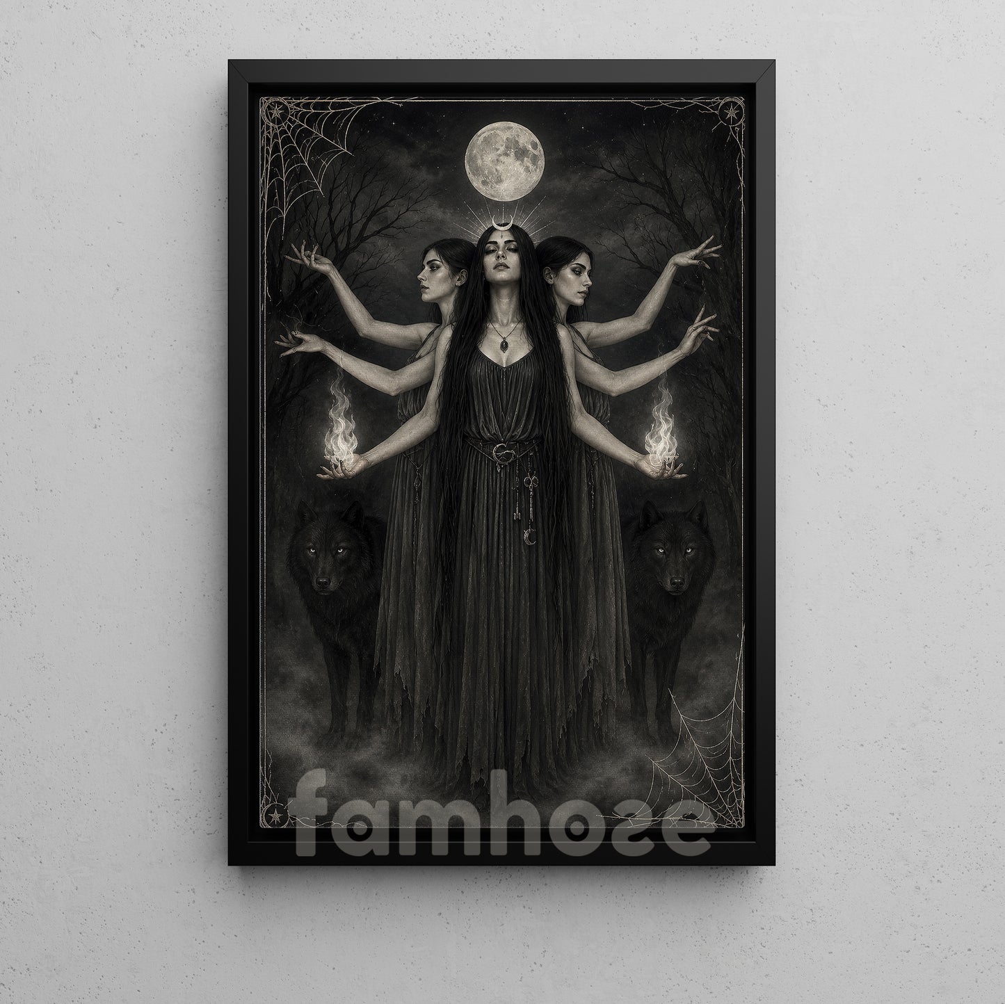 Halloween Full Moon Canvas Painting, Triple Goddess Witch And Black Wolves Wall Art Decor, Spooky Season Poster Gift