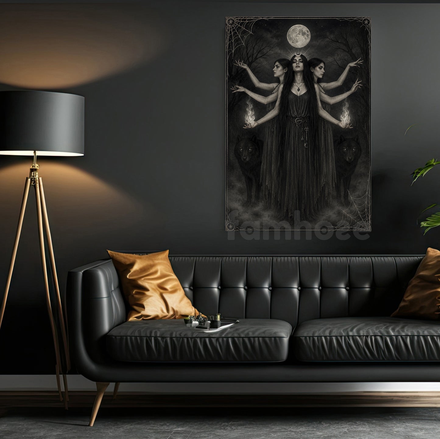 Halloween Full Moon Canvas Painting, Triple Goddess Witch And Black Wolves Wall Art Decor, Spooky Season Poster Gift