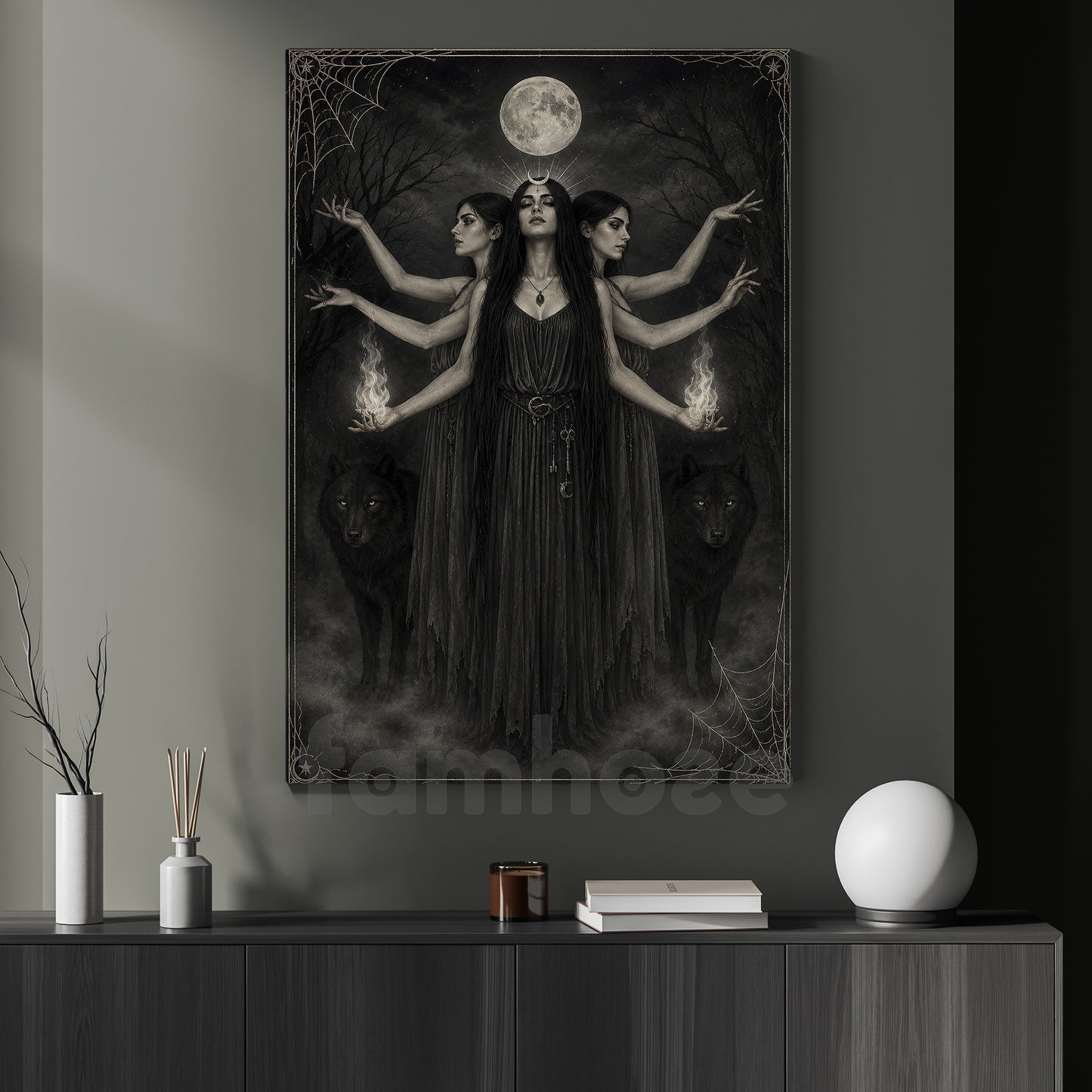 Halloween Full Moon Canvas Painting, Triple Goddess Witch And Black Wolves Wall Art Decor, Spooky Season Poster Gift