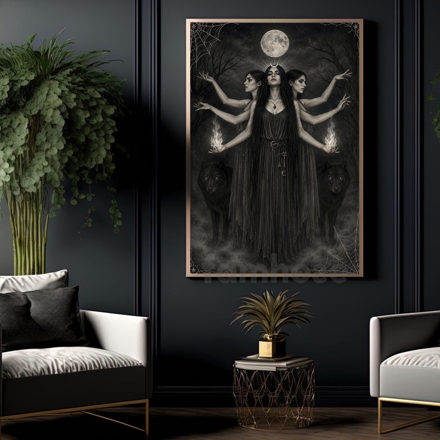 Halloween Full Moon Canvas Painting, Triple Goddess Witch And Black Wolves Wall Art Decor, Spooky Season Poster Gift