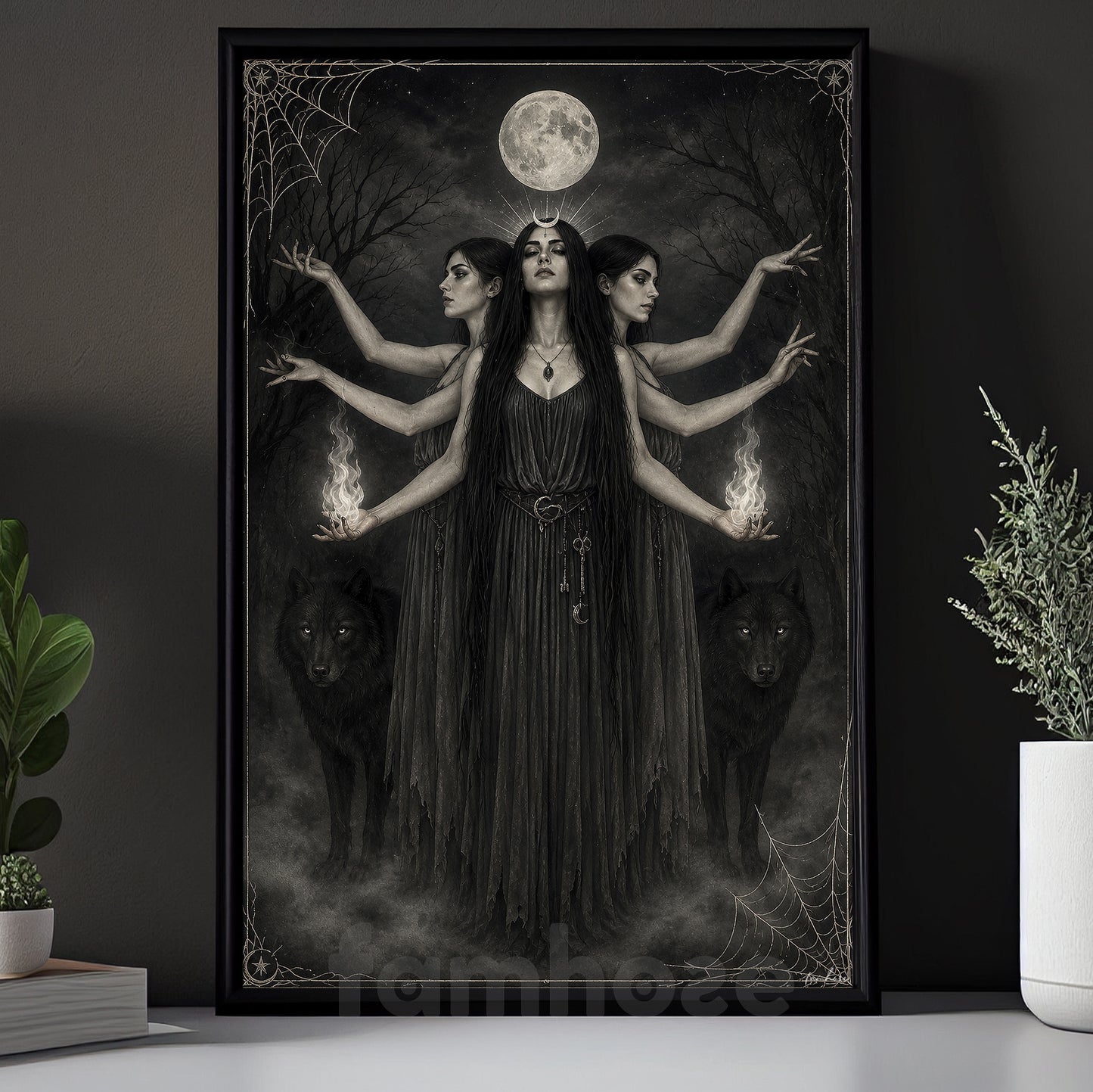 Halloween Full Moon Canvas Painting, Triple Goddess Witch And Black Wolves Wall Art Decor, Spooky Season Poster Gift