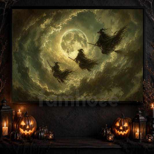 Halloween Flying Witches Canvas Painting, Flying Under Full Moon Spooky Season Wall Art Decor, Halloween Poster Gift For Witch Lover