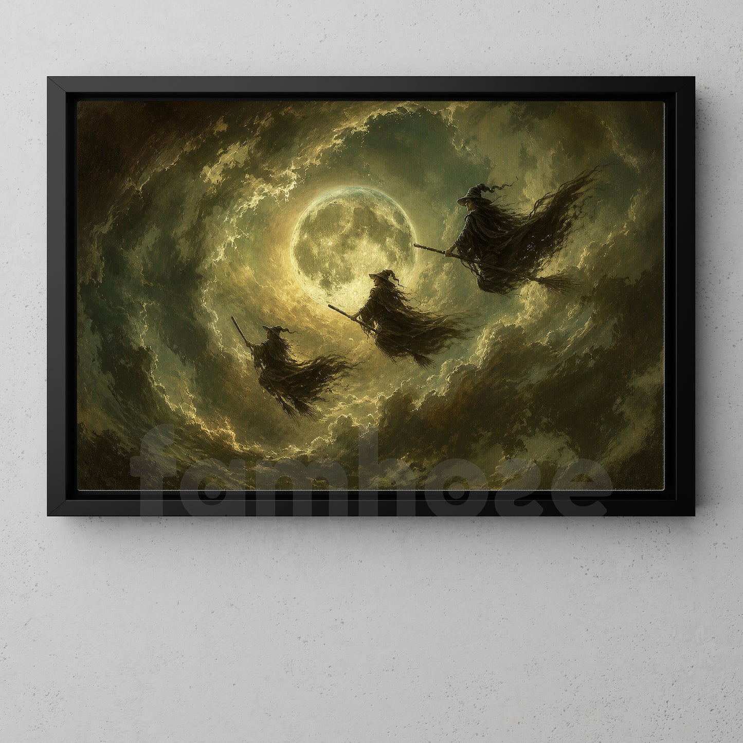 Halloween Flying Witches Canvas Painting, Flying Under Full Moon Spooky Season Wall Art Decor, Halloween Poster Gift For Witch Lover