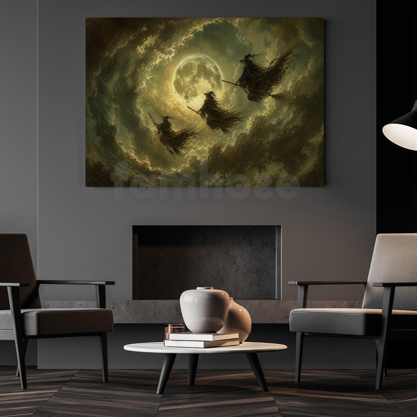 Halloween Flying Witches Canvas Painting, Flying Under Full Moon Spooky Season Wall Art Decor, Halloween Poster Gift For Witch Lover