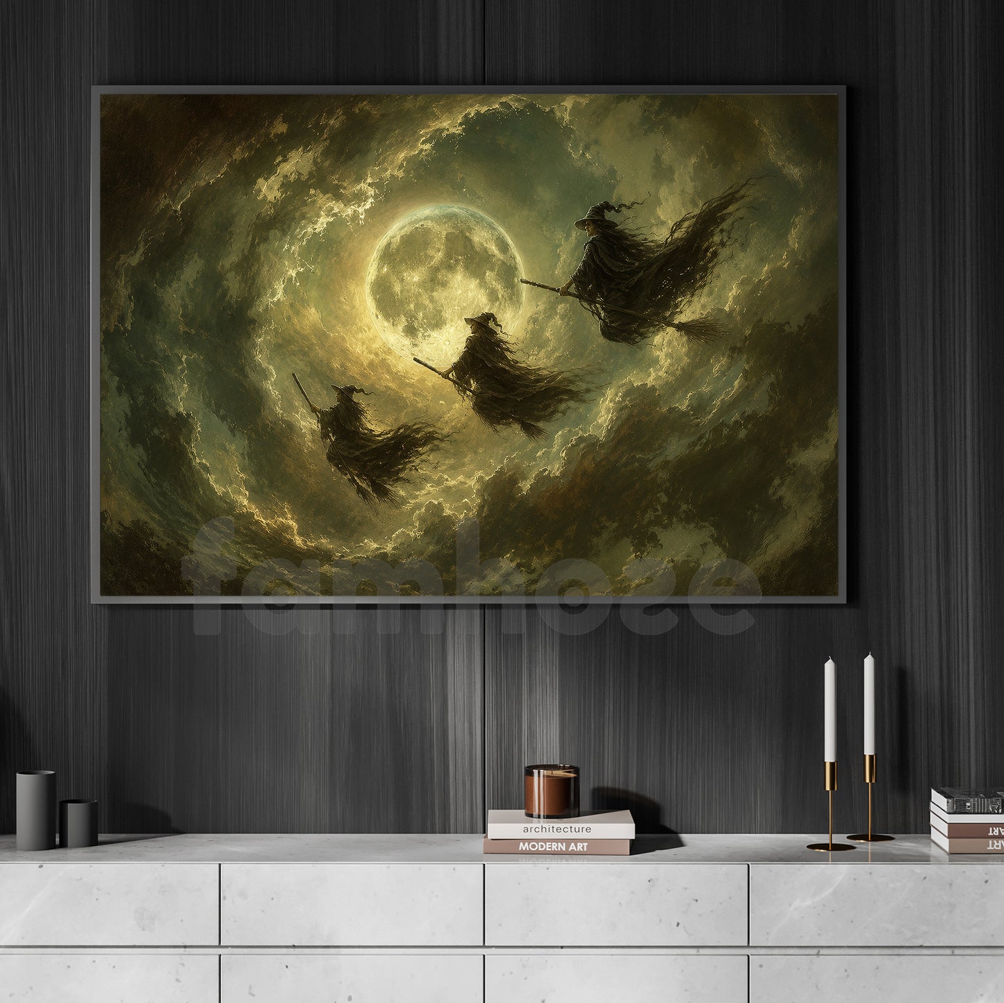 Halloween Flying Witches Canvas Painting, Flying Under Full Moon Spooky Season Wall Art Decor, Halloween Poster Gift For Witch Lover