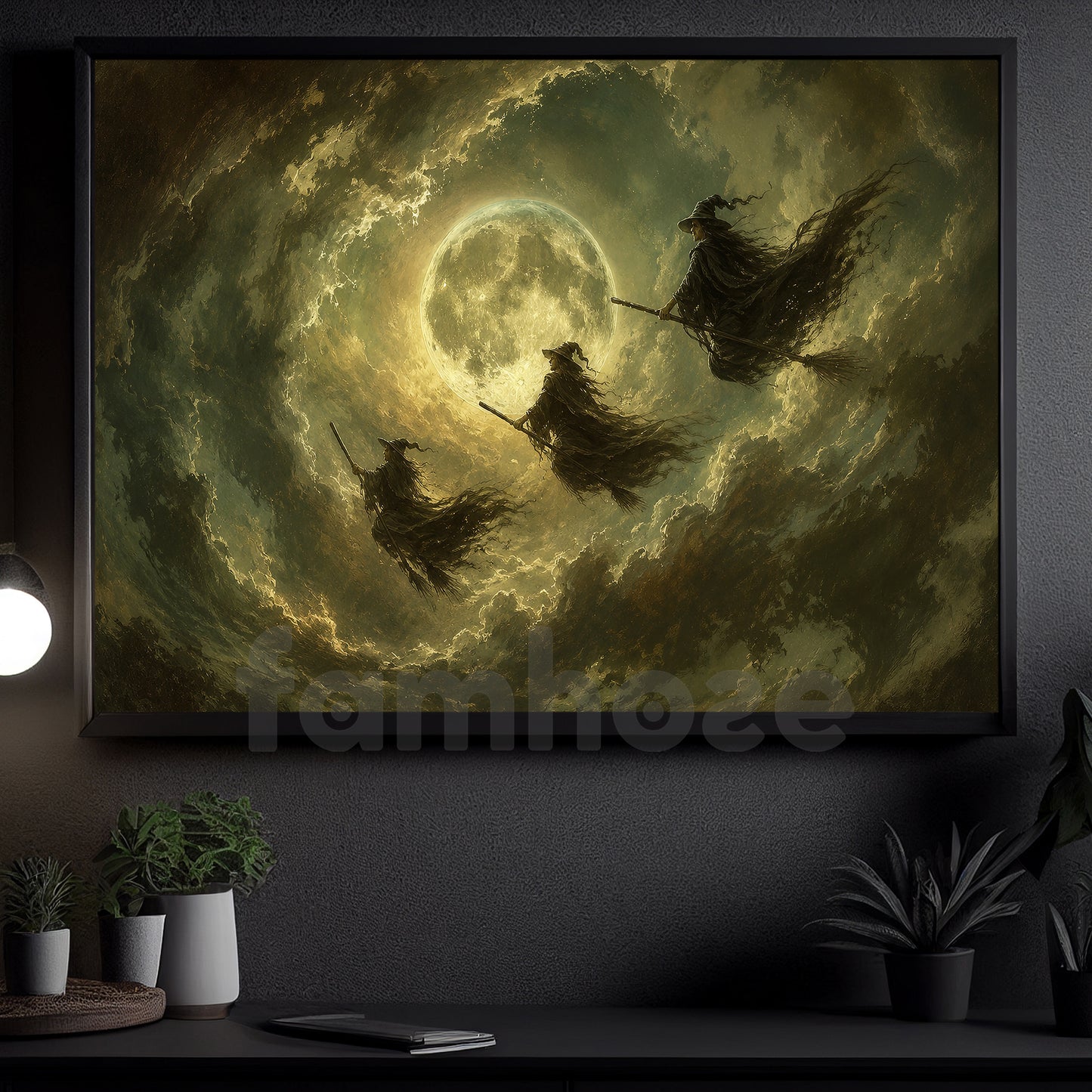 Halloween Flying Witches Canvas Painting, Flying Under Full Moon Spooky Season Wall Art Decor, Halloween Poster Gift For Witch Lover